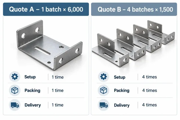 Side-by-side comparison of two supplier quotes with different batch assumptions for the same order quantity