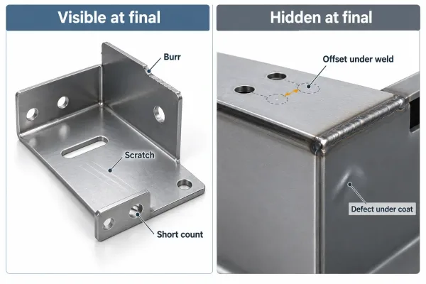 Comparison diagram of defects visible versus hidden at final inspection on sheet metal assemblies