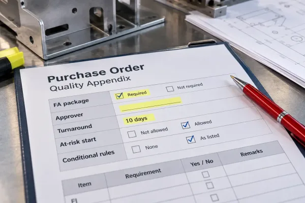 Purchase order checklist for first article approval gate including package contents, approver, and turnaround